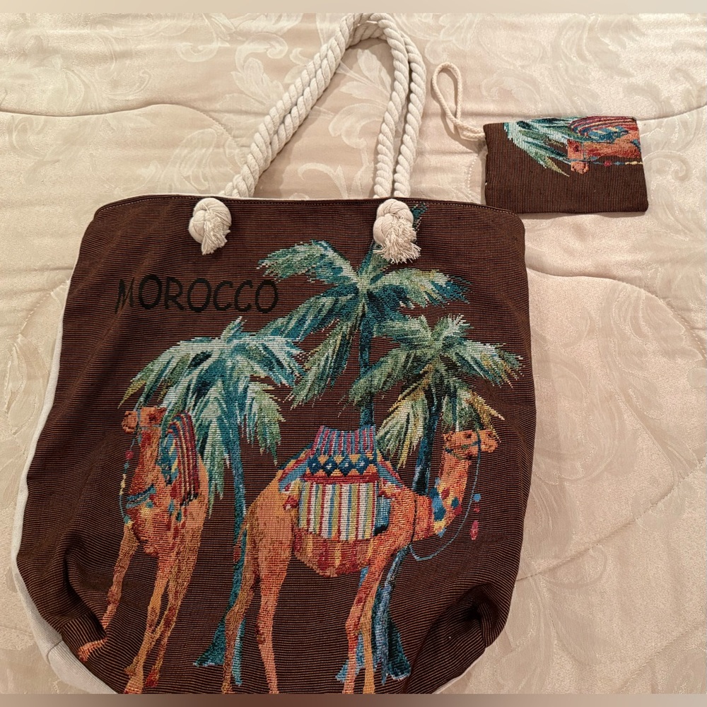 Brown Tote Canvas Bag with Camel and Palm Tree Design from Morocco
